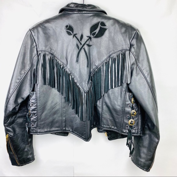 Vintage S Leather Jacket Biker Fringe Black Roses - Picture 2 of 8